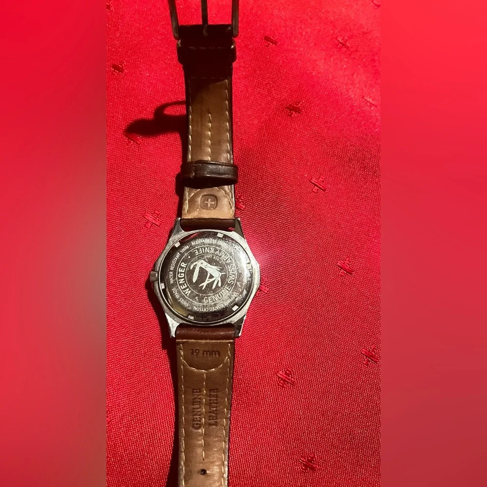 Vintage Wenger Silver Case Watch with Brown Leather Strap